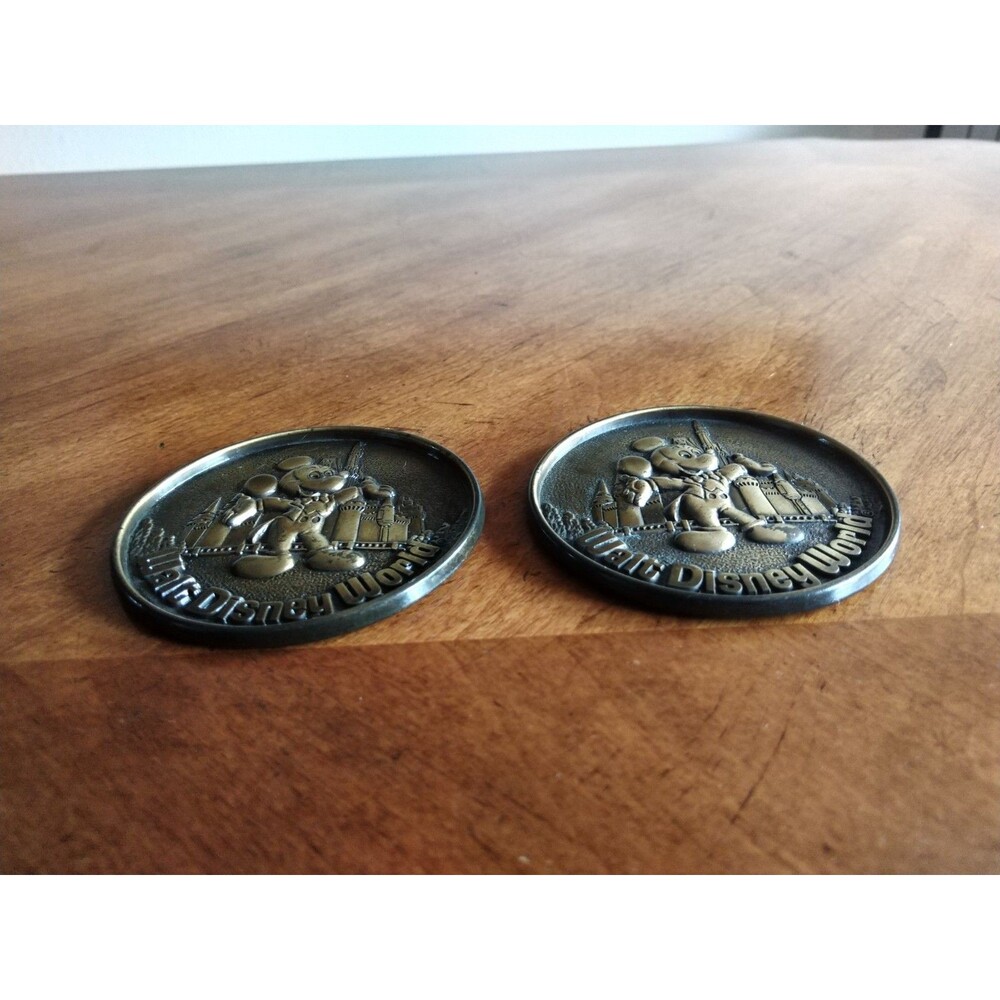 Vintage Set Lot 2 Bronze Walt Disney World Mickey Mouse Coasters Canada 3.25"Dia - Picture 4 of 13